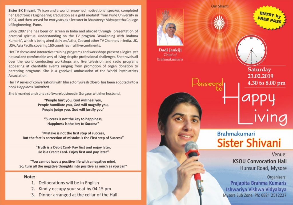 LiVE:Password to Happy Living | by BK Shivani | 23-02-2019 at 4:30pm