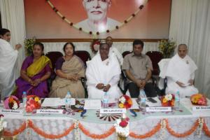 3. L-R= Manjula Manasa, Prof. Indumati, BK Laxmi Behnji, Prof. K.S. Rangappa, BK Sharada Behn, BK Ranganth Brother on Stage